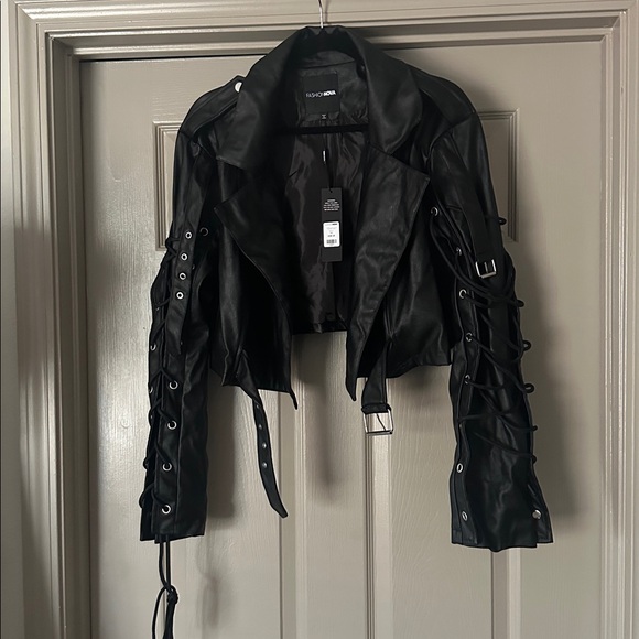 Fashion Nova | Lace-Up Detail Faux Leather Jacket - Picture 5 of 10